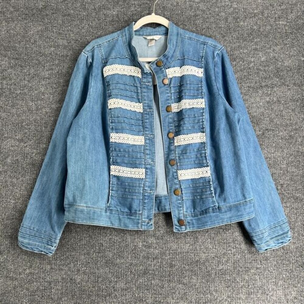 Christopher & Banks Denim Jacket Womens XL Button Up Lace Trim Stretch Denim New